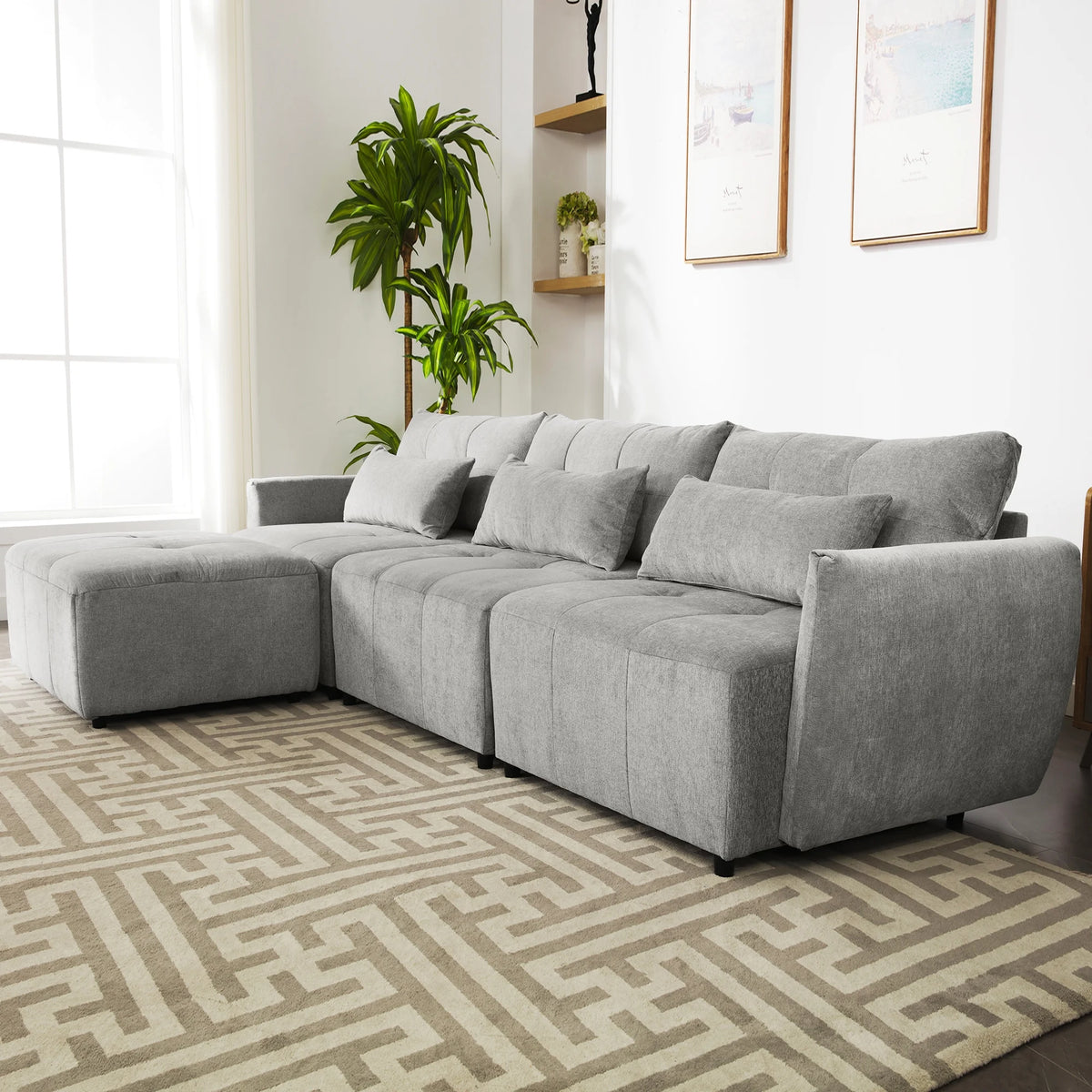 Grey Chenille Sectional Sofa with Convertible Ottoman W32256