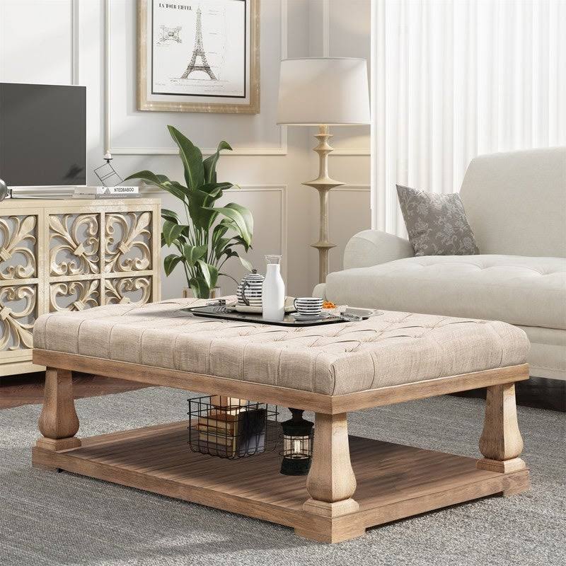 Beige Coffee Table with Wood Shelf and Padded Seat Bench G835167