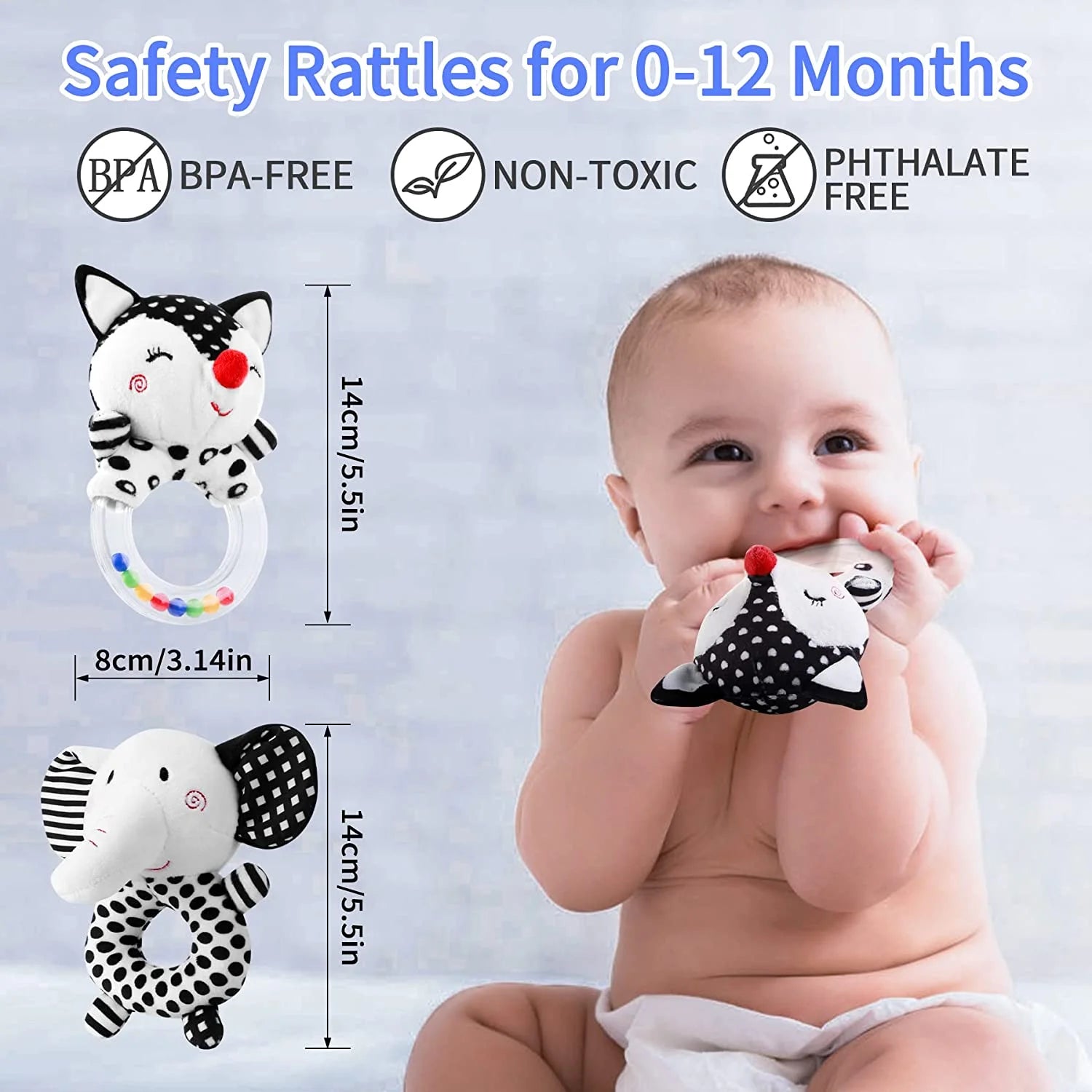 2PCS Black and White Soft Plush Baby Rattles L7612