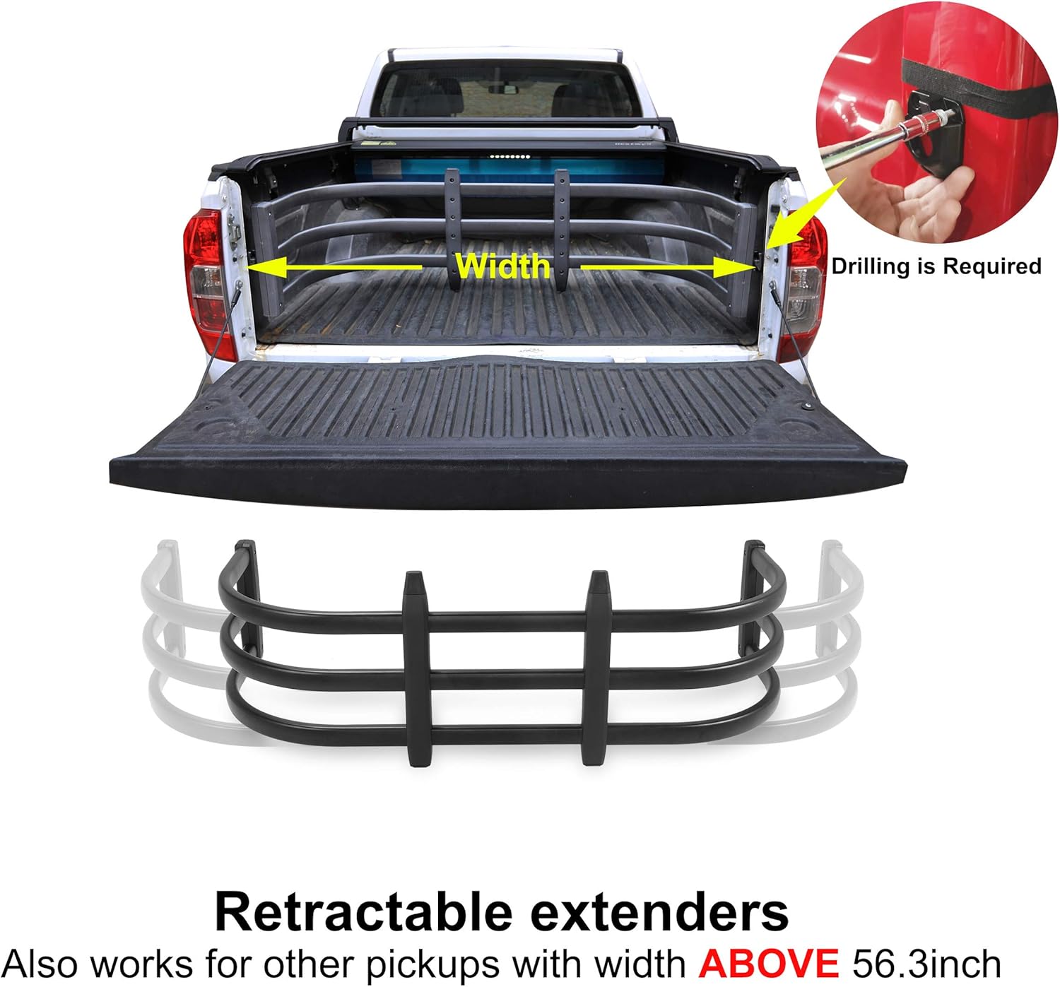 Pickup Truck Bed Extender for Dodge Ram 1500/2500/3500 Black Matte Aluminum Alloy with Bracket Kit O1800