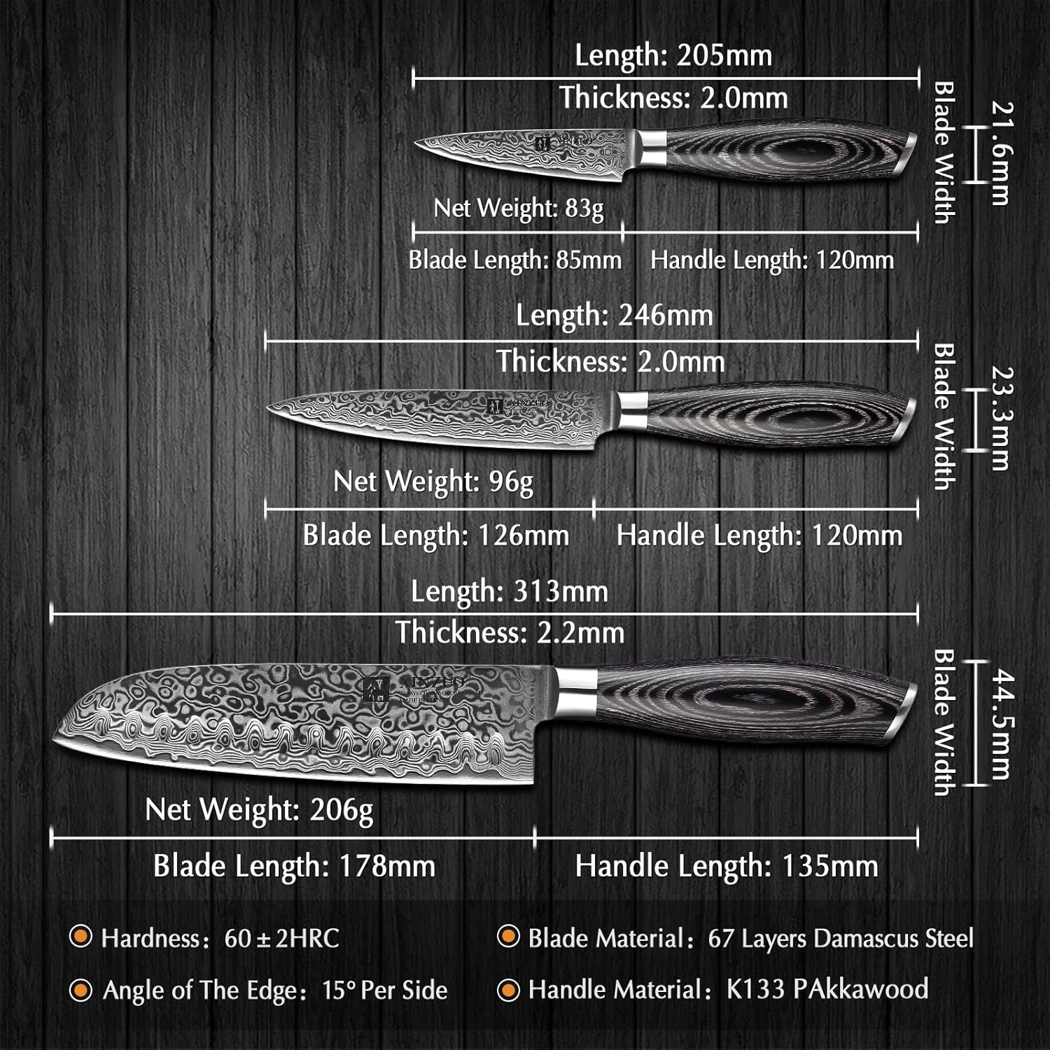 5PC Damascus Steel Kitchen Knife Set with Pakkawood Q255