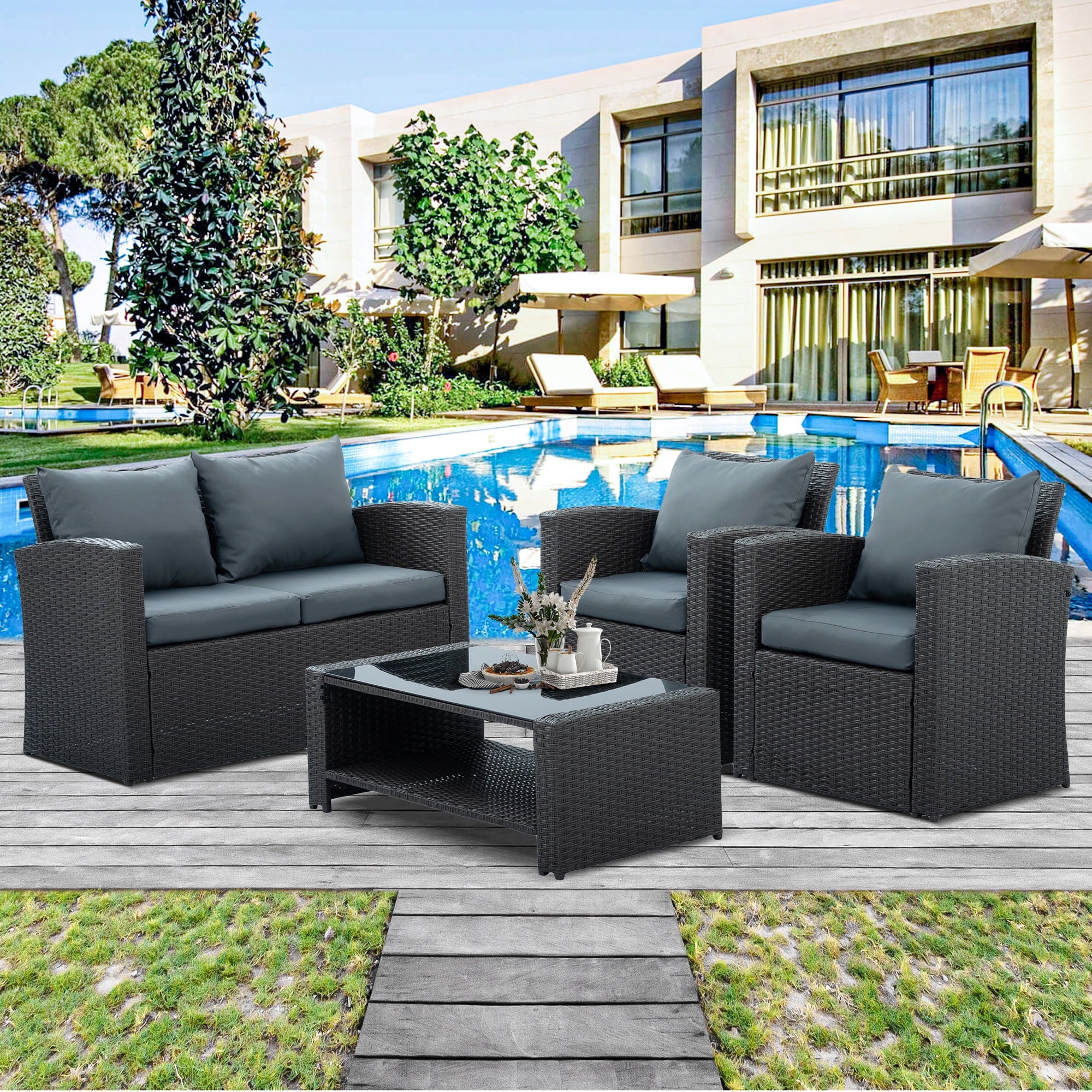 4-Piece PE Wicker Rattan Patio Sofa Set with Anti-Slip Cushions and Tempered Glass Coffee Table, Dark Gray W72290