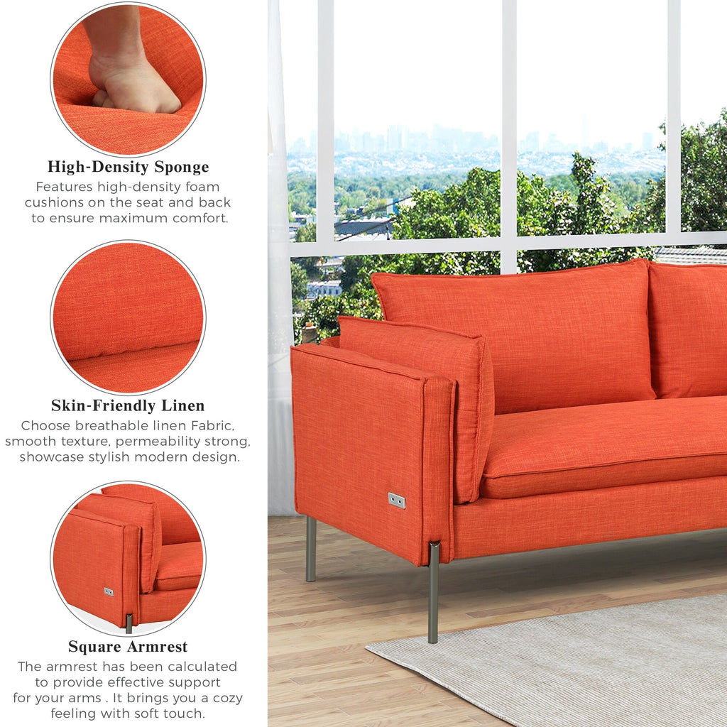 3 Seat Linen Fabric Upholstered Sofa with 2 USB Ports Gray D843719