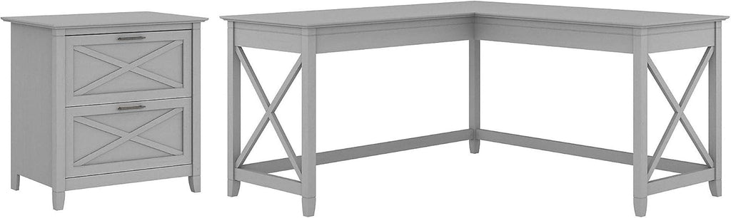 L Shaped Desk with 2 Drawer Lateral File Cabinet, 60W, Linen White Oak C28194