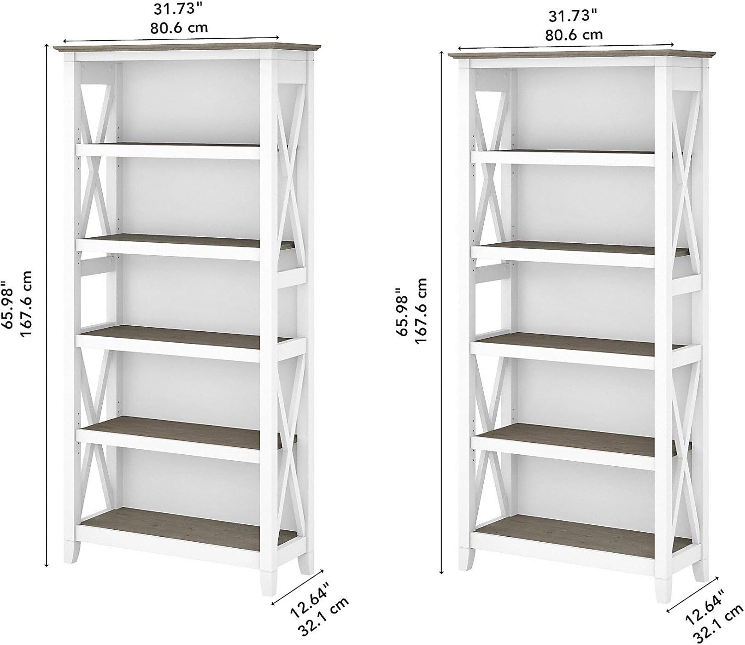 Pure White and Shiplap Gray 5 Shelf Bookcase Set Y9292
