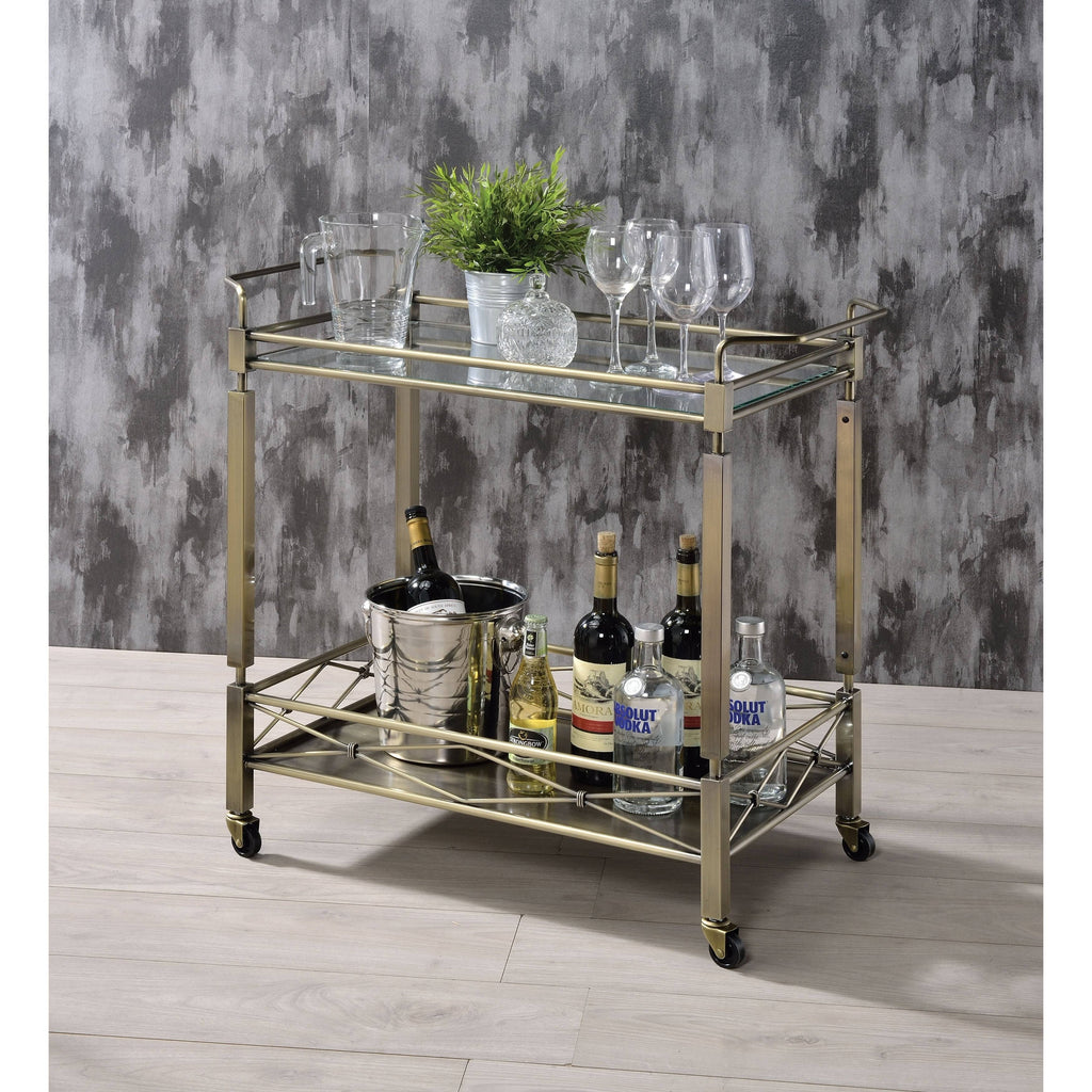 Antique Gold Two Tiered Metal Serving Cart with Glass Shelves X8251