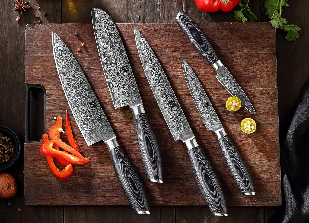 5PC Damascus Steel Kitchen Knife Set with Pakkawood Q255