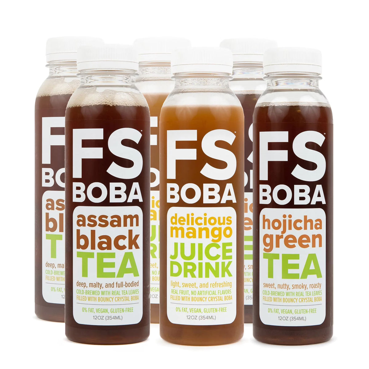 Assam Black, Hojicha Green, Mango Juices with Crystal Boba, 6-Pack of 12oz Bottles J336542