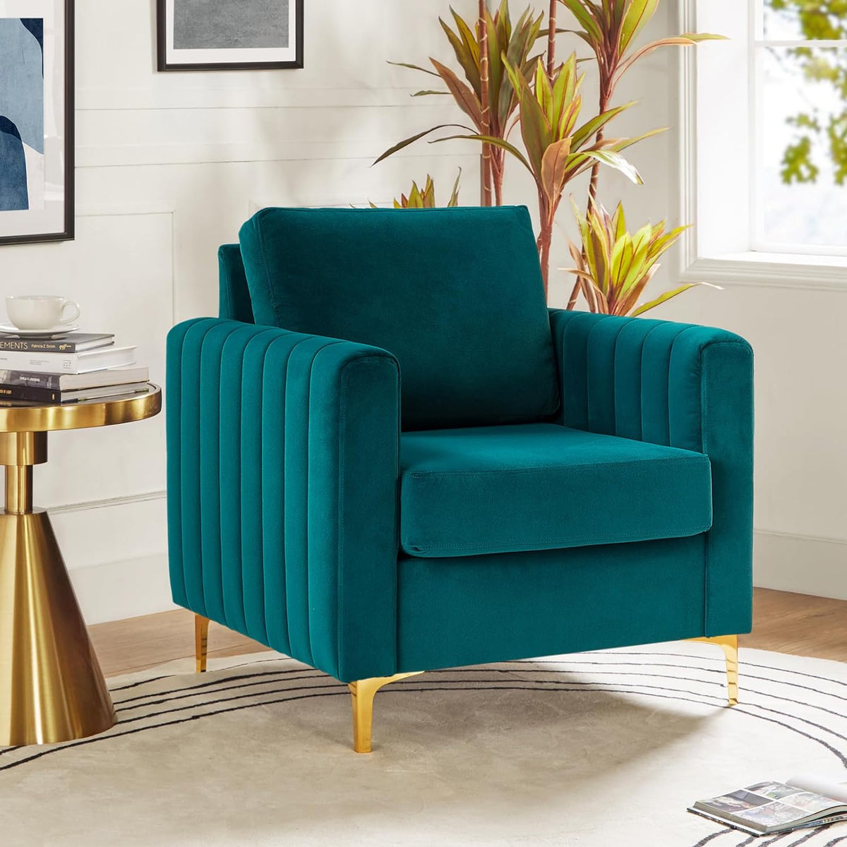 Teal Velvet Accent Club Chair with Metal Legs Y75715