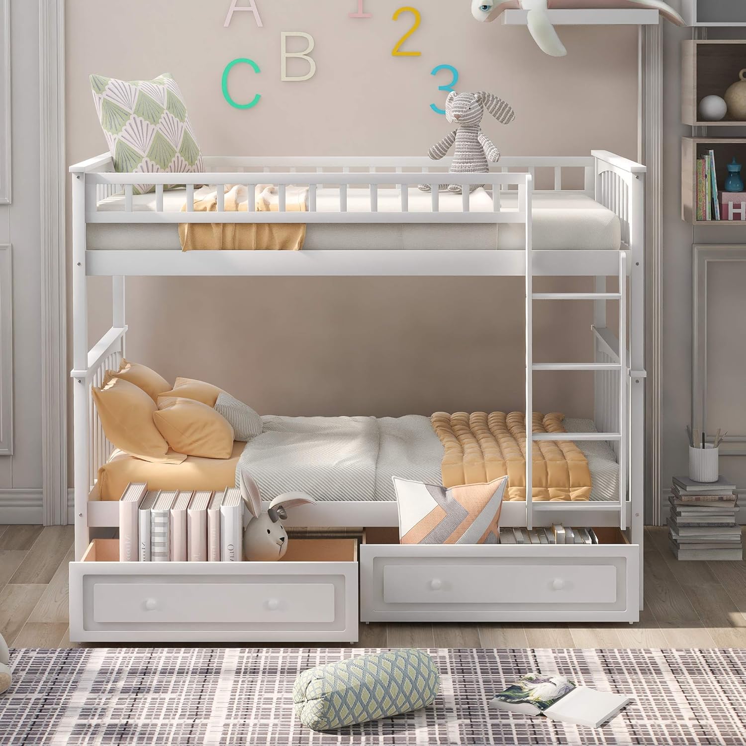 White Twin Over Twin Wood Bunk Bed with Two Storage Drawers and Ladder U5413