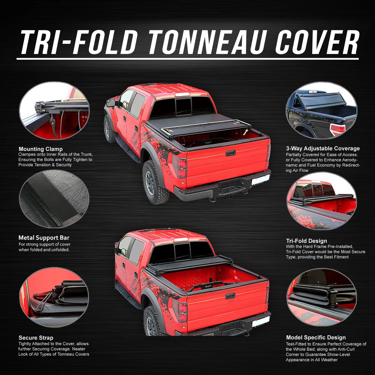 Tri-Fold Soft Top Tonneau Cover for Ford Ranger 6 Ft Short Bed Flareside A91670