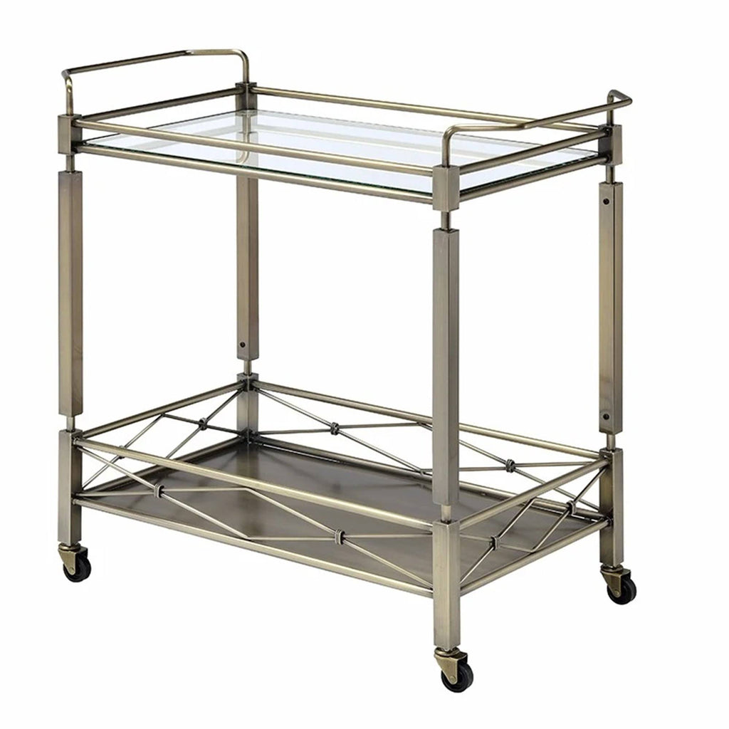 Antique Gold Two Tiered Metal Serving Cart with Glass Shelves X8251