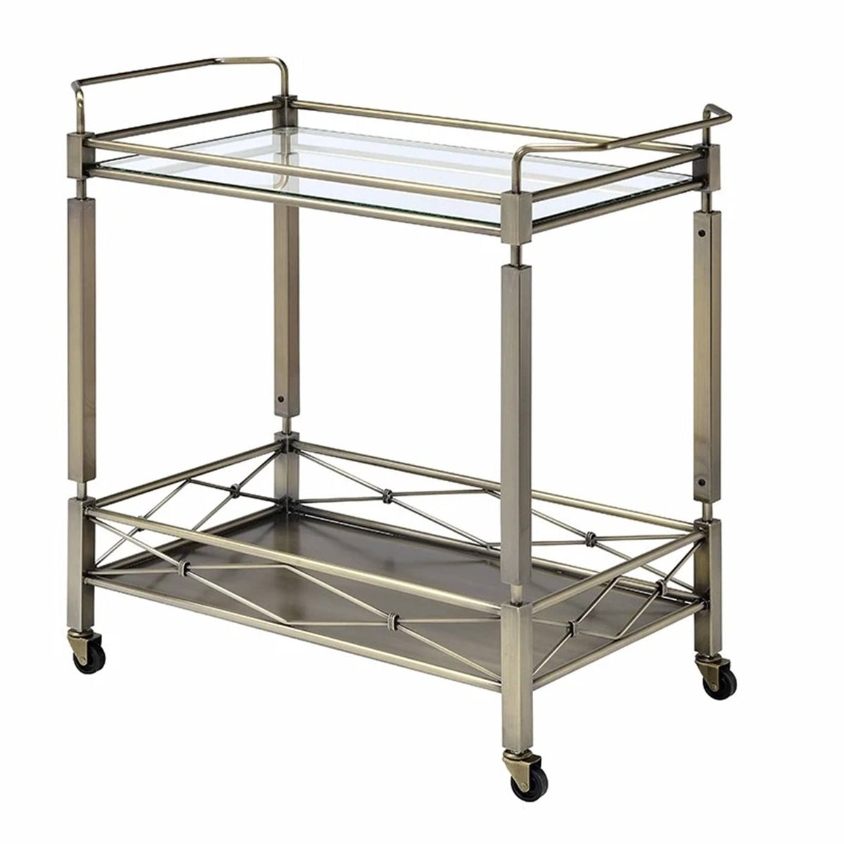 Antique Gold Two Tiered Metal Serving Cart with Glass Shelves X8251