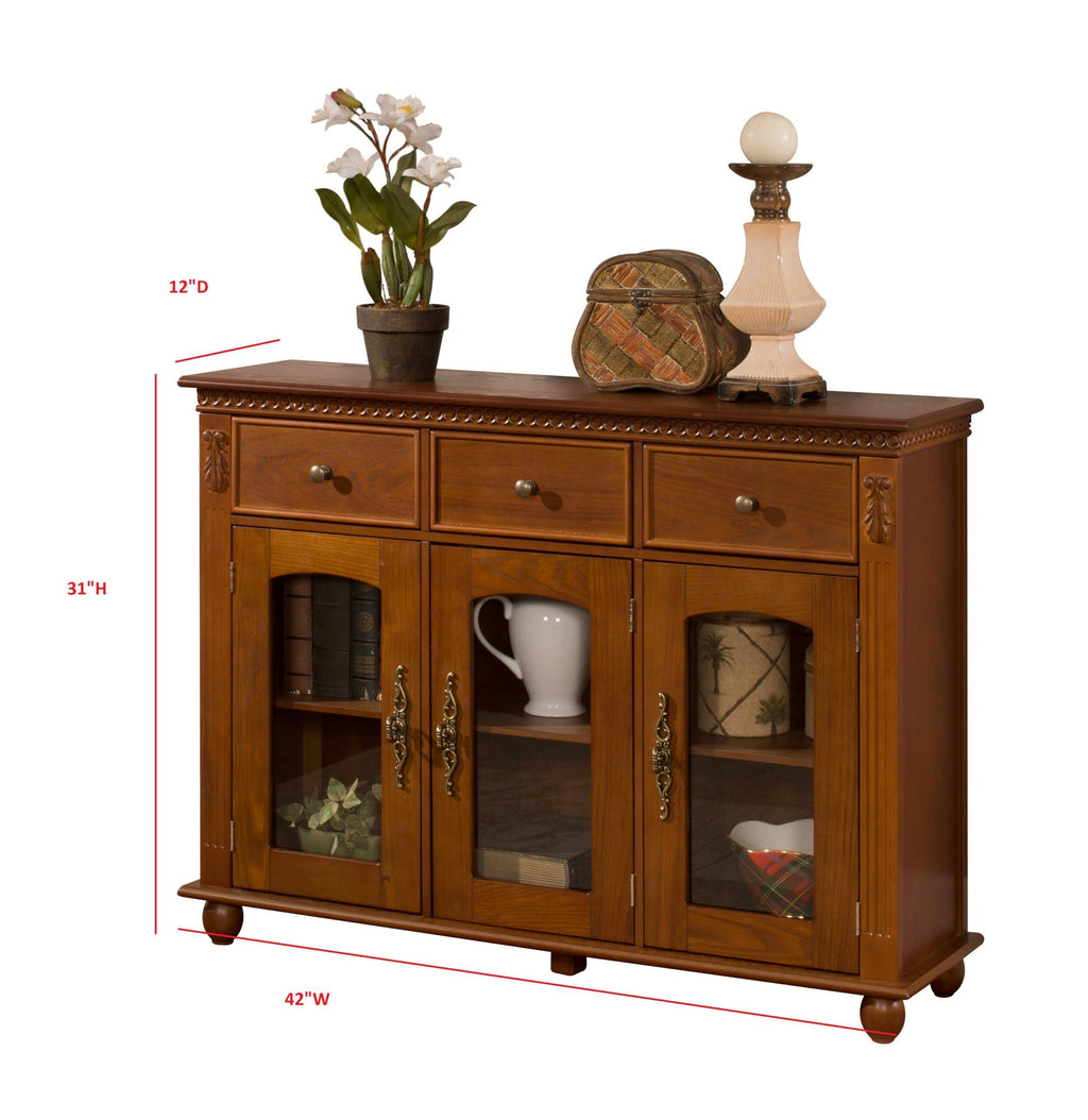 Walnut Wood Sideboard Buffet Console Table with Storage Drawers and Glass Cabinet Doors J1777