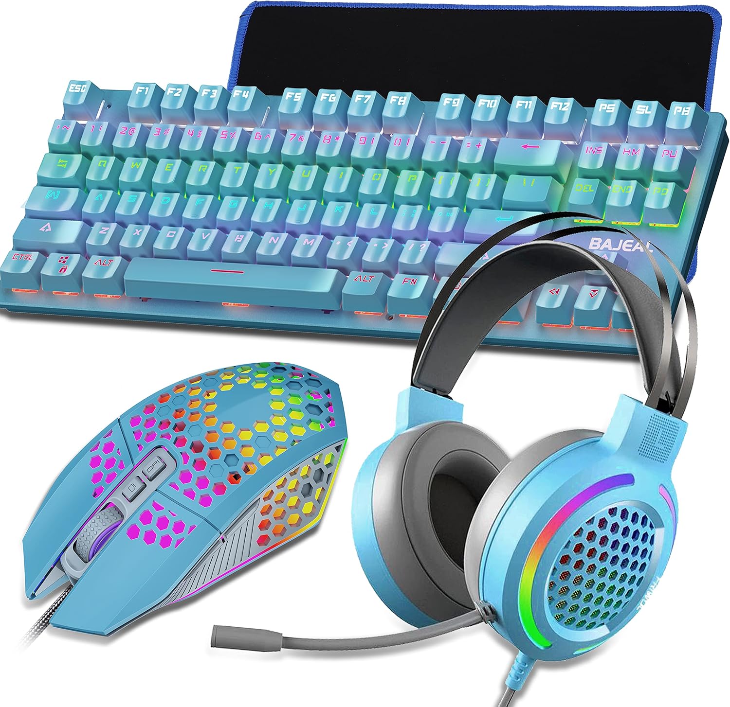 Gaming Mechanical Keyboard and Mouse Headset Mousepad Combo, 4 in 1, RGB Backlit Green axis, Wired, 8000 DPI, USB 7.1 Surround Sound Headphone with Mic, Black, Pack of 2 B736126