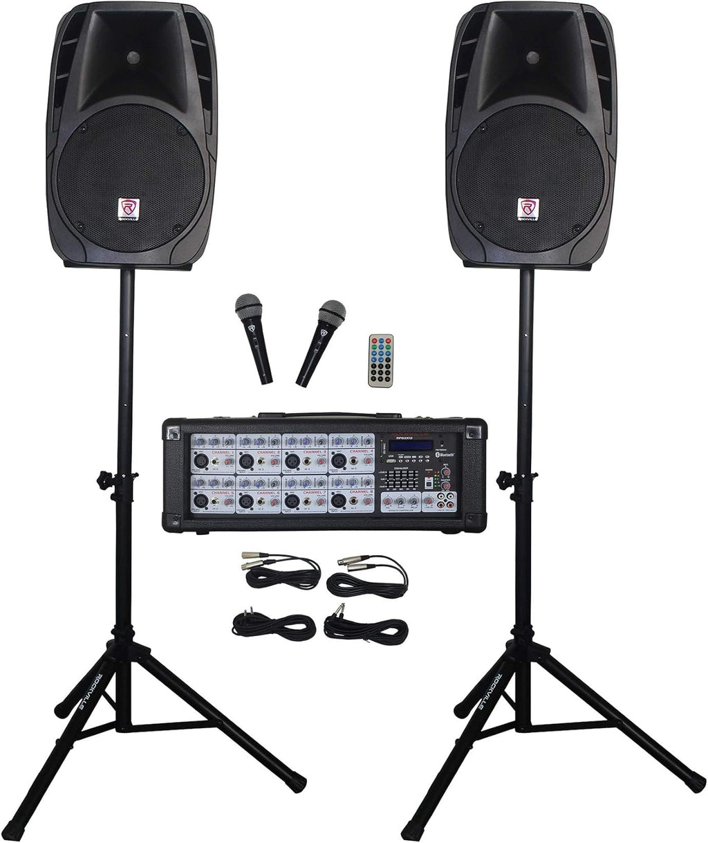 12" Speakers PA System Package with Mixer, Stands, Mics, Bluetooth W4277