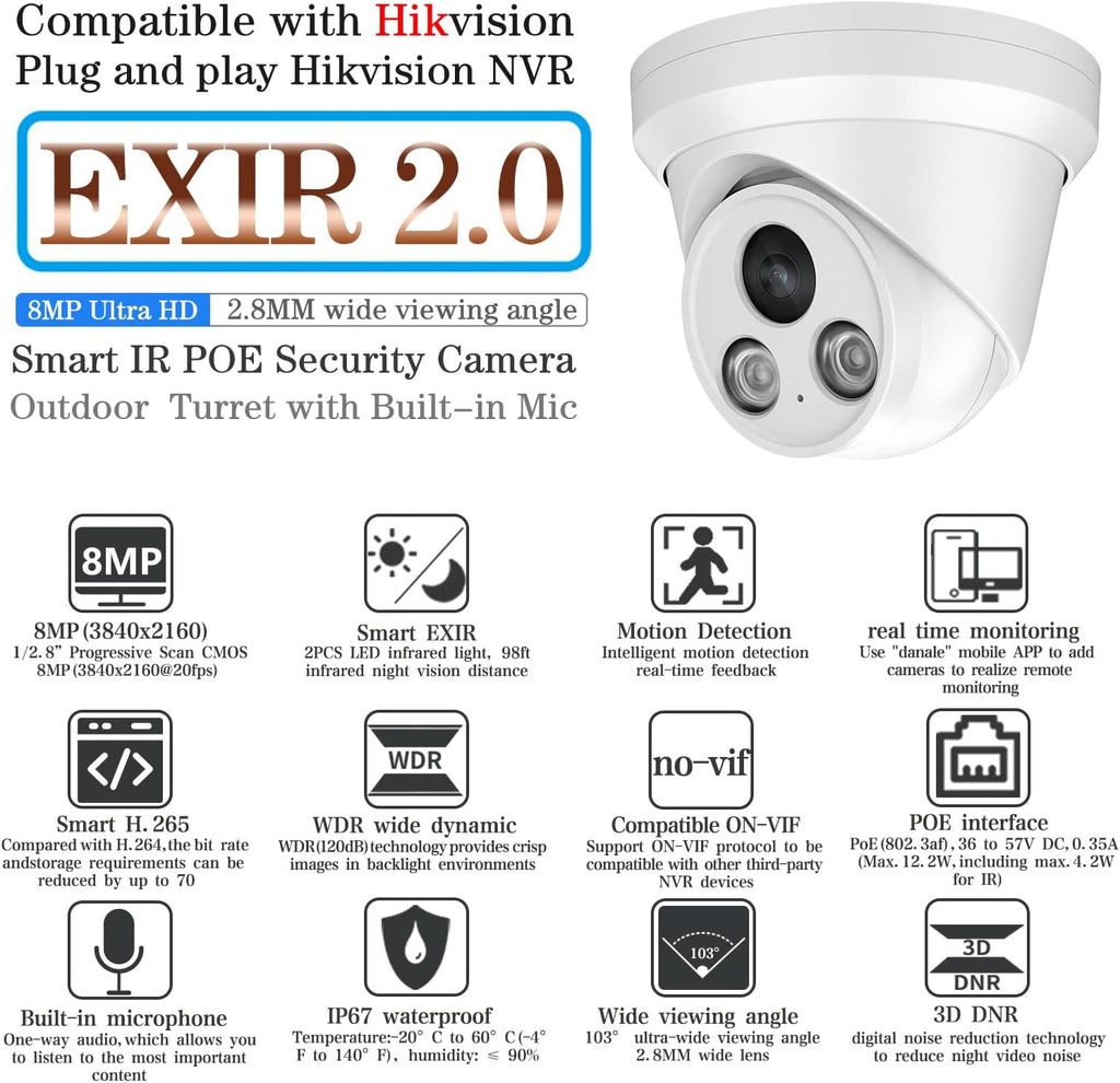 4K UltraHD 8MP Outdoor Security PoE IP Turret Camera with Mic, 2.8mm Wide Angle Lens, 98ft Night Vision, H.265, WDR, IP67 Weatherproof Y508