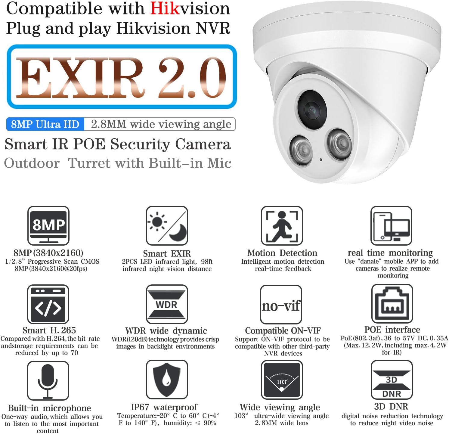 4K UltraHD 8MP Outdoor Security PoE IP Turret Camera with Mic, 2.8mm Wide Angle Lens, 98ft Night Vision, H.265, WDR, IP67 Weatherproof Y508