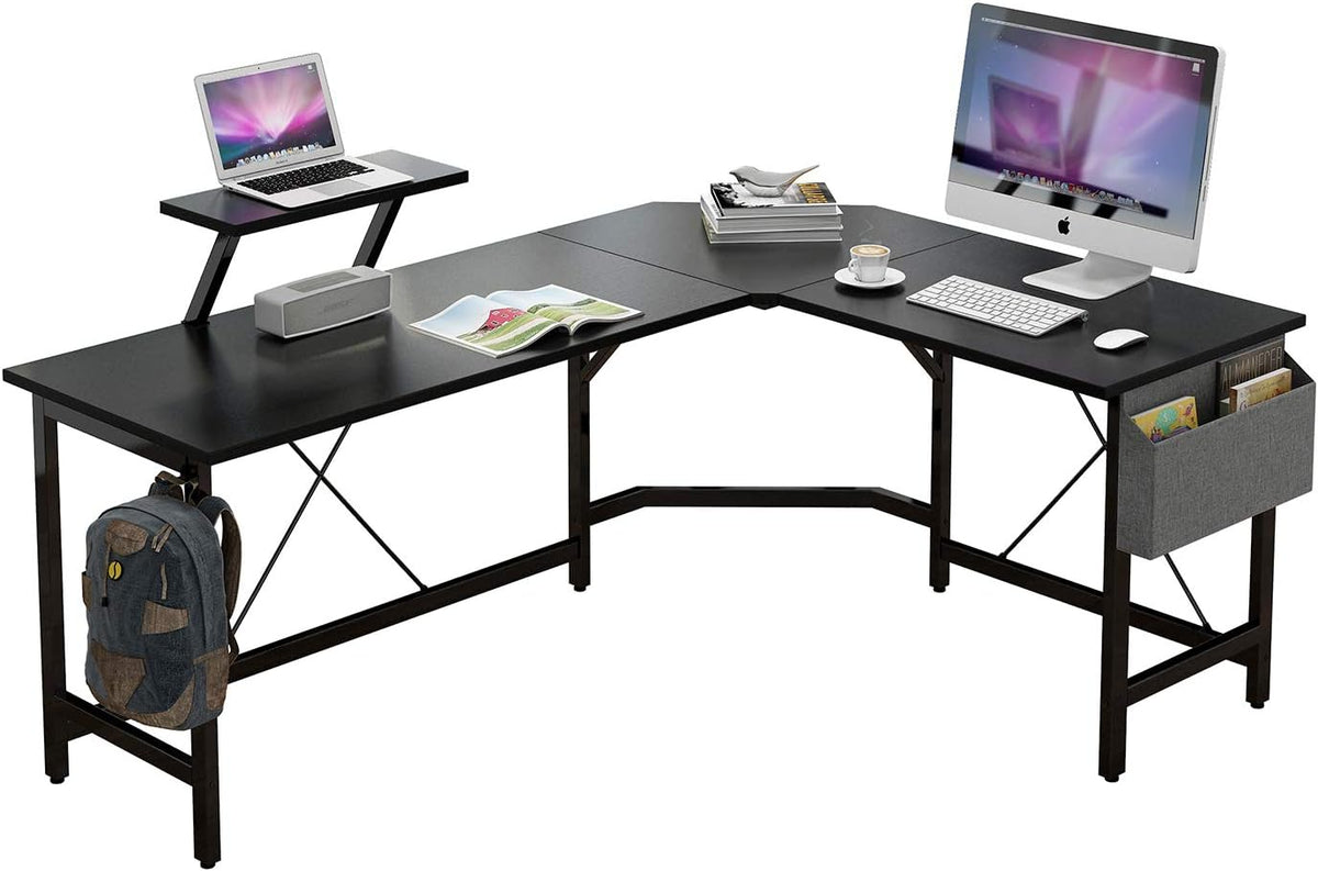 Black L Shaped Corner Desk with Monitor Stand and Storage Bag R550