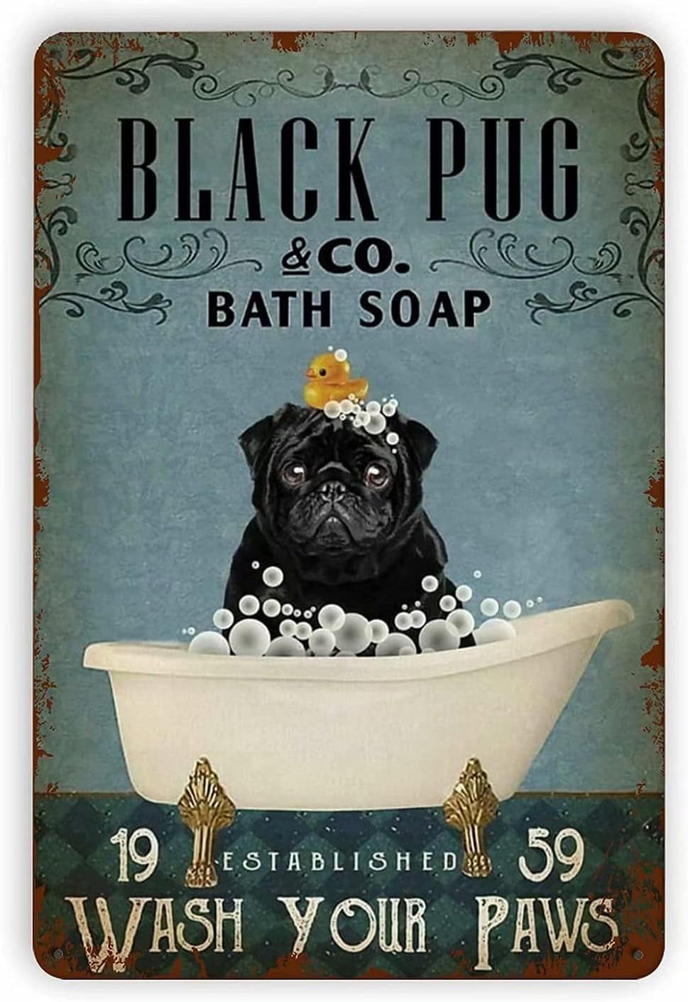 Black Pug Bathroom Metal Tin Sign 8x12 Inch T23232