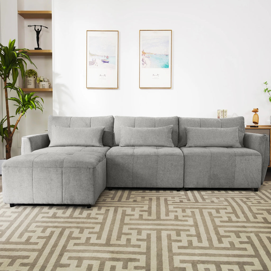 Grey Chenille Sectional Sofa with Convertible Ottoman W32256