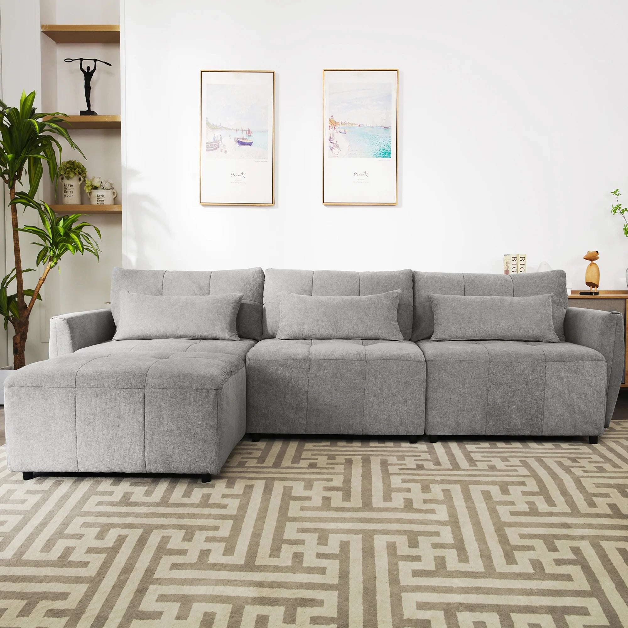 Grey Chenille Sectional Sofa with Convertible Ottoman W32256