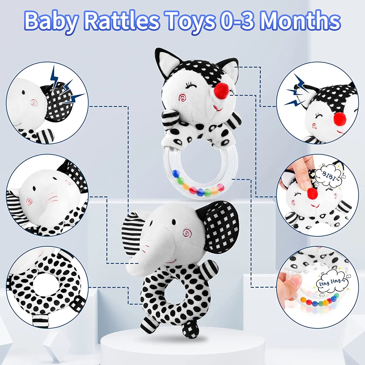 2PCS Black and White Soft Plush Baby Rattles L7612