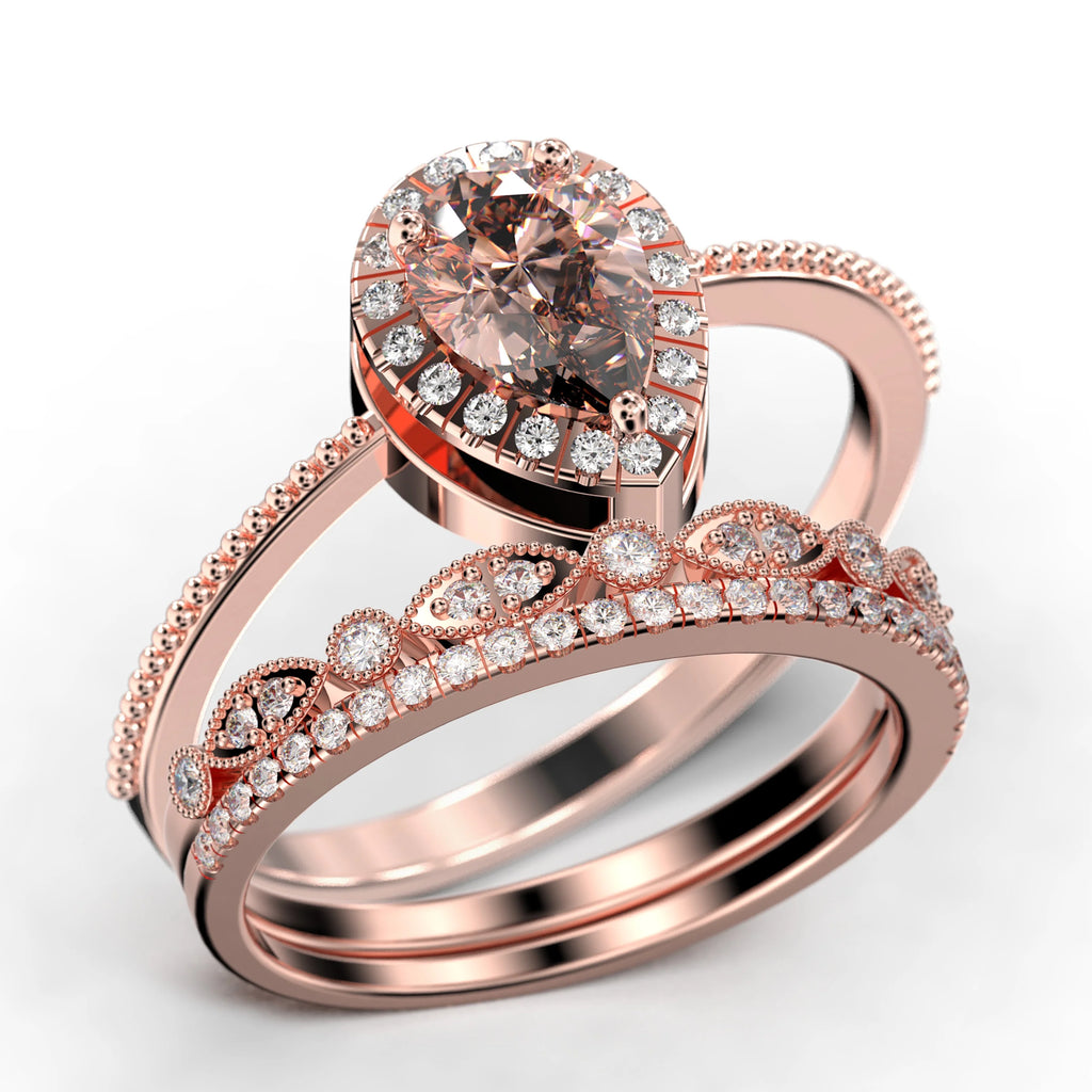 Vintage Pear Cut Morganite And Diamond Moissanite Engagement Ring Set in 925 Sterling Silver With 18k White Gold Plating Q1281
