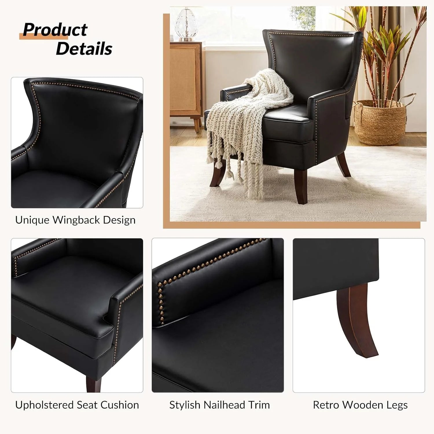 Black Faux Leather Wingback Accent Chair with Nailhead Trim K42694