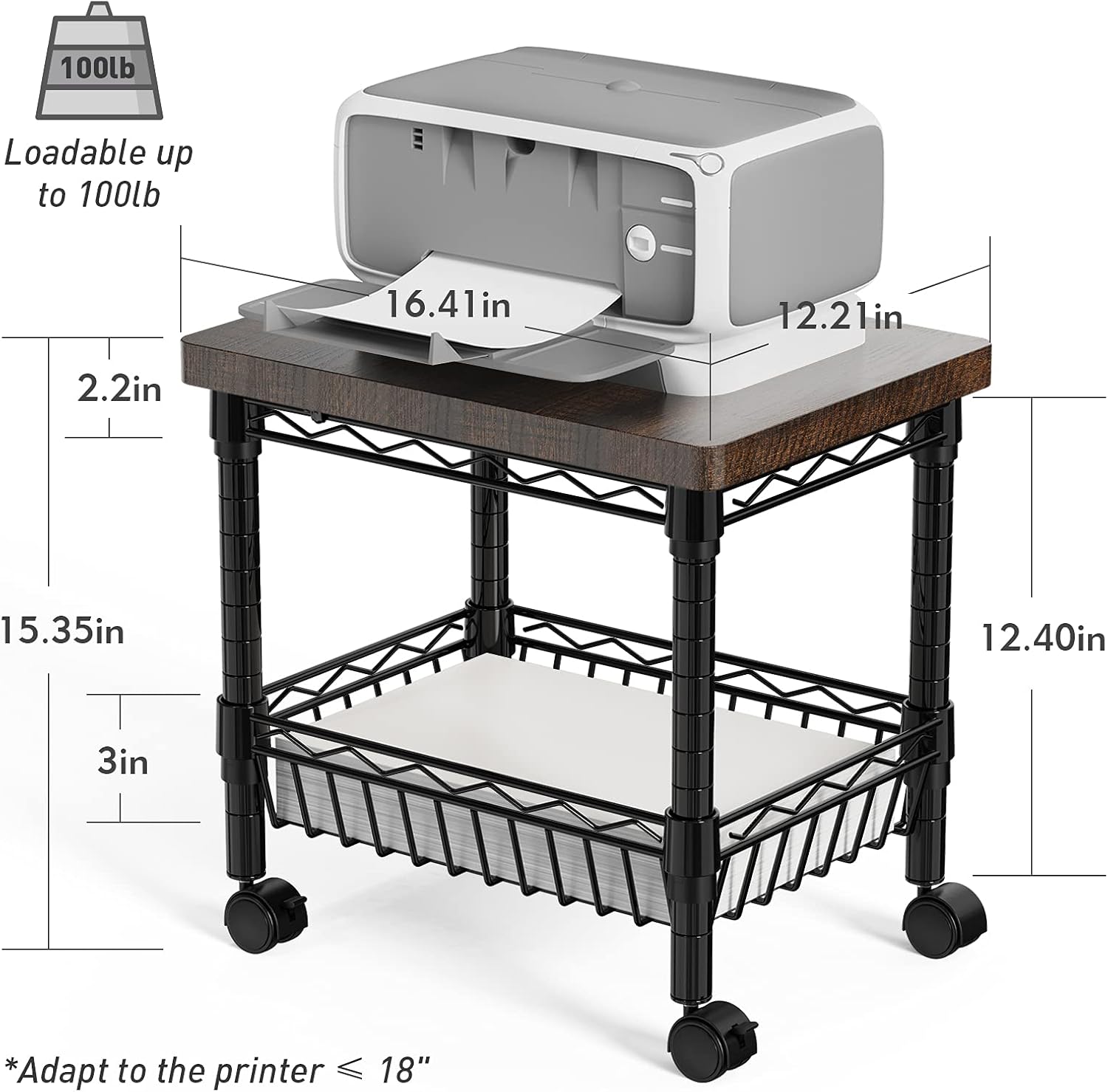 Printer Stand with Storage, Metal Printer Cart, Heavy Duty Printer Table U65409