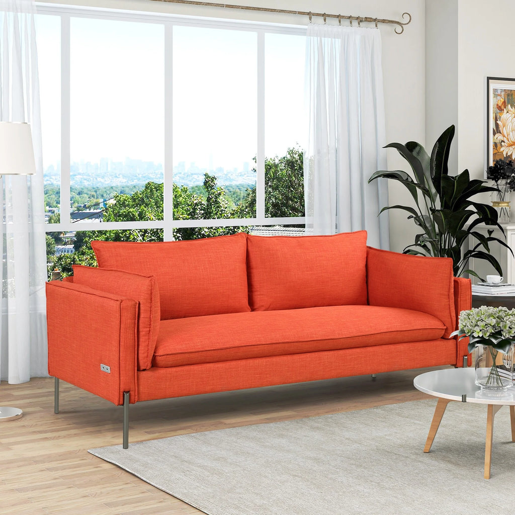 3 Seat Linen Fabric Upholstered Sofa with 2 USB Ports Gray D843719