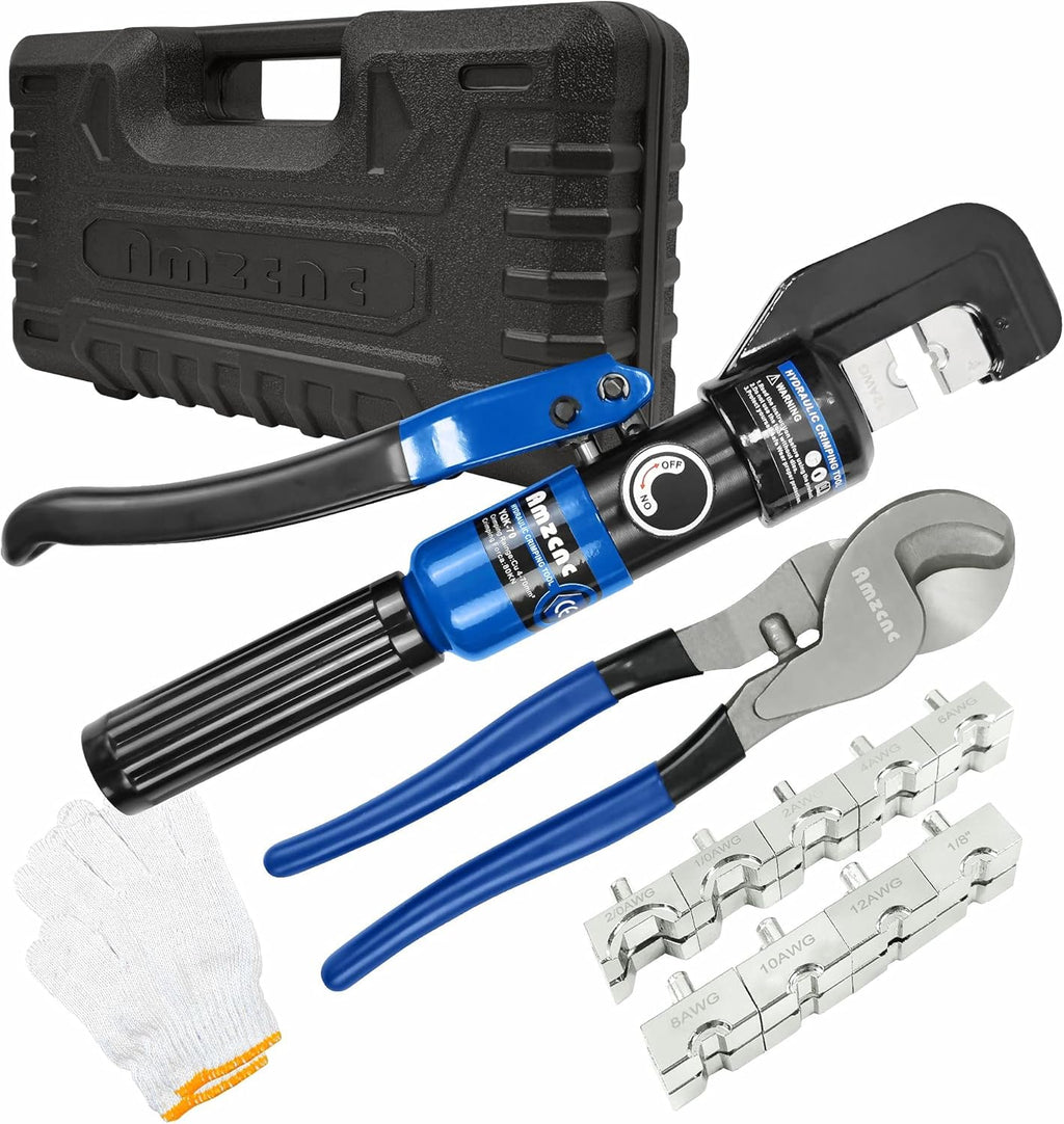 Hydraulic Crimping Tool and Cable Cutter 8 US TON 12 AWG to 00 (2/0) with 9 Die Pack of 2 Y9585