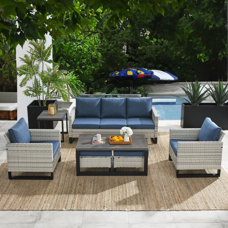 Navy 6 Piece Outdoor Sectional Sofa Set with Cushions Z6803