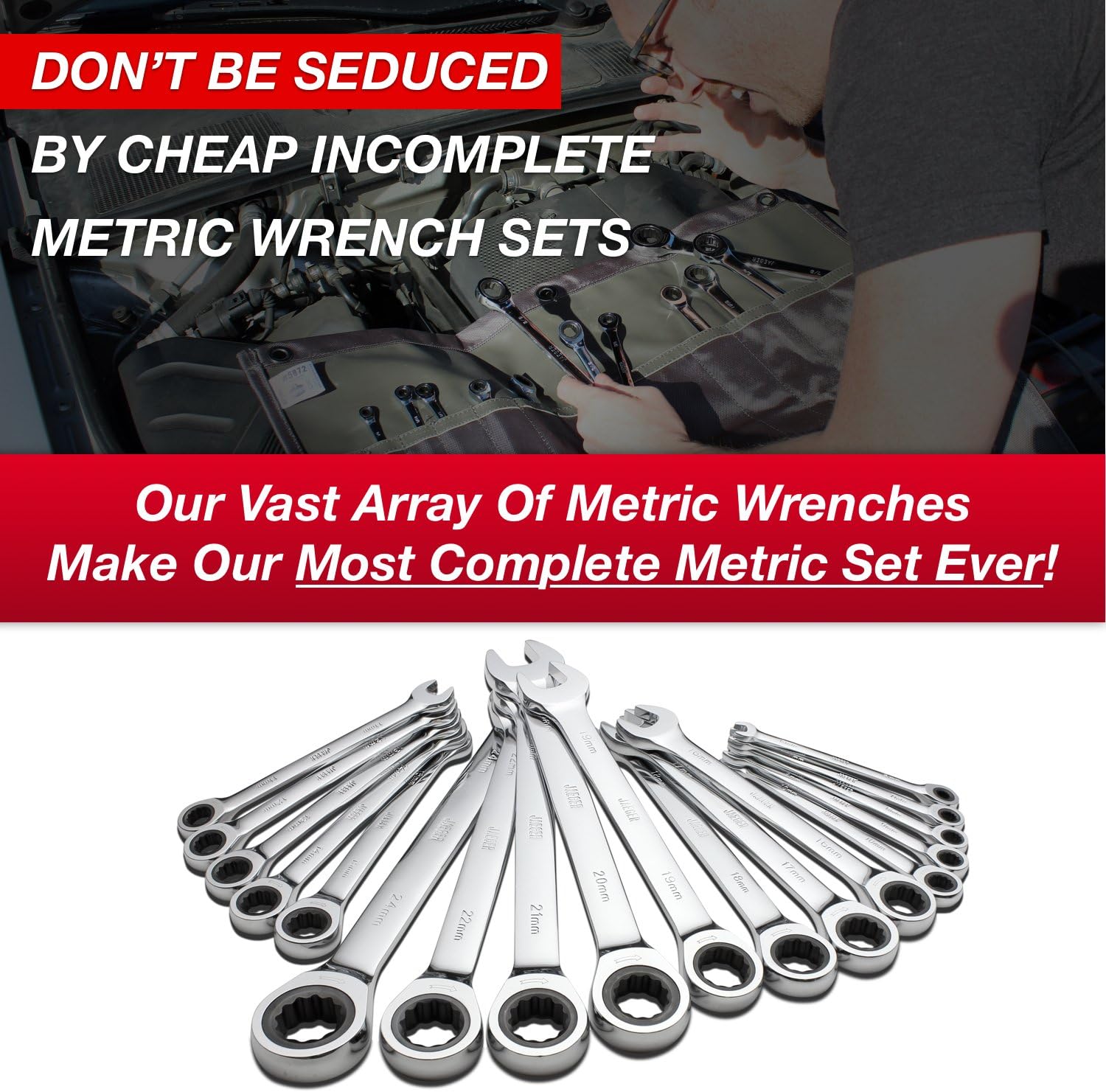 18pc MM/Metric Ratcheting Combination Wrench Set with Rollup Case V213