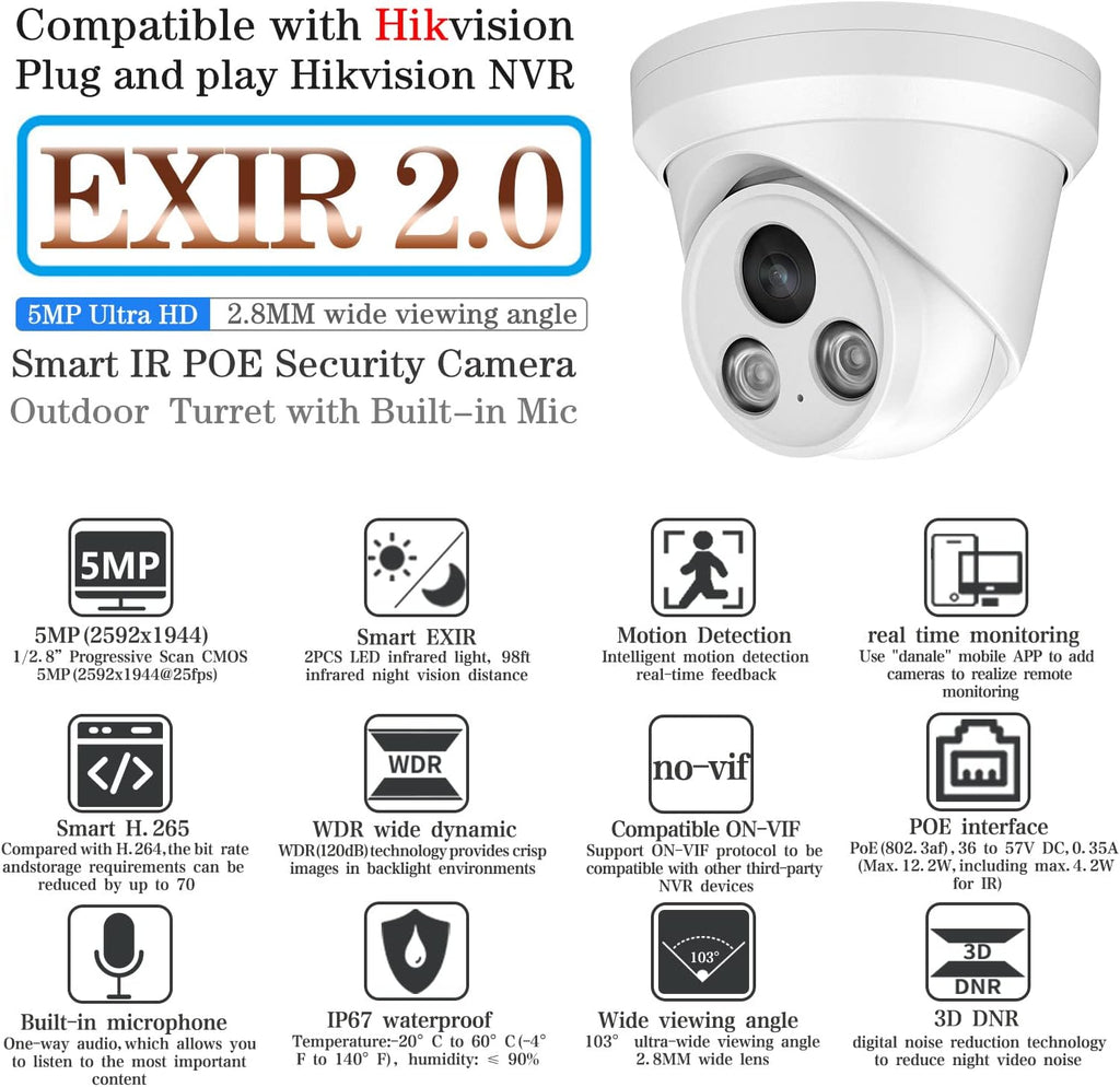 4K UltraHD 8MP Outdoor Security PoE IP Turret Camera with Mic, 2.8mm Wide Angle Lens, 98ft Night Vision, H.265, WDR, IP67 Weatherproof Y508