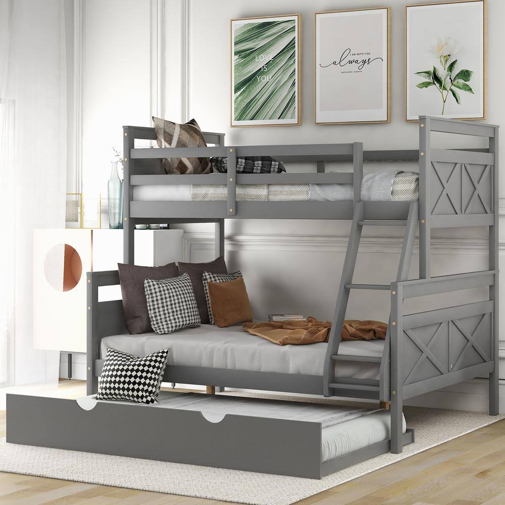 Gray Twin Over Full Bunk Bed with Twin Trundle W8734
