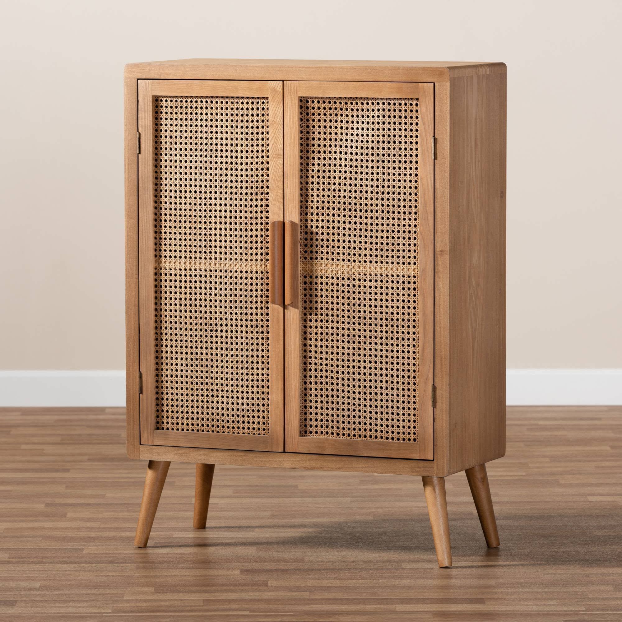 Oak Wood and Rattan 2-Door Accent Storage Cabinet Z27104