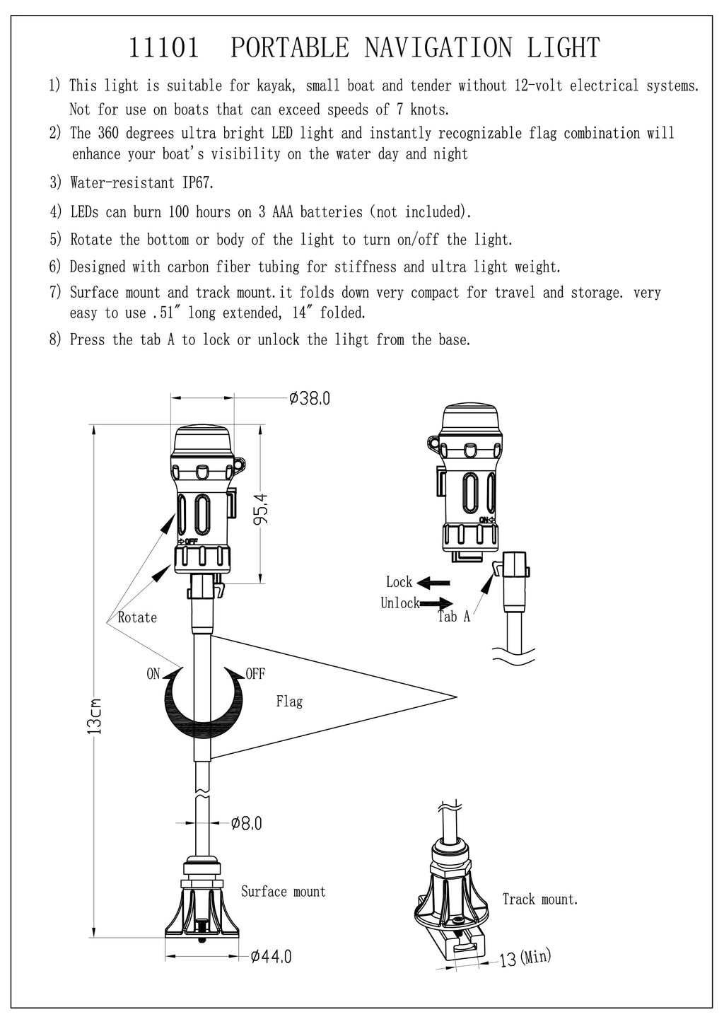 Red Triangle Flag Pole Socket Base Bronze Anodize Aluminum 5/16" Tube Foldable Pole with Light E554