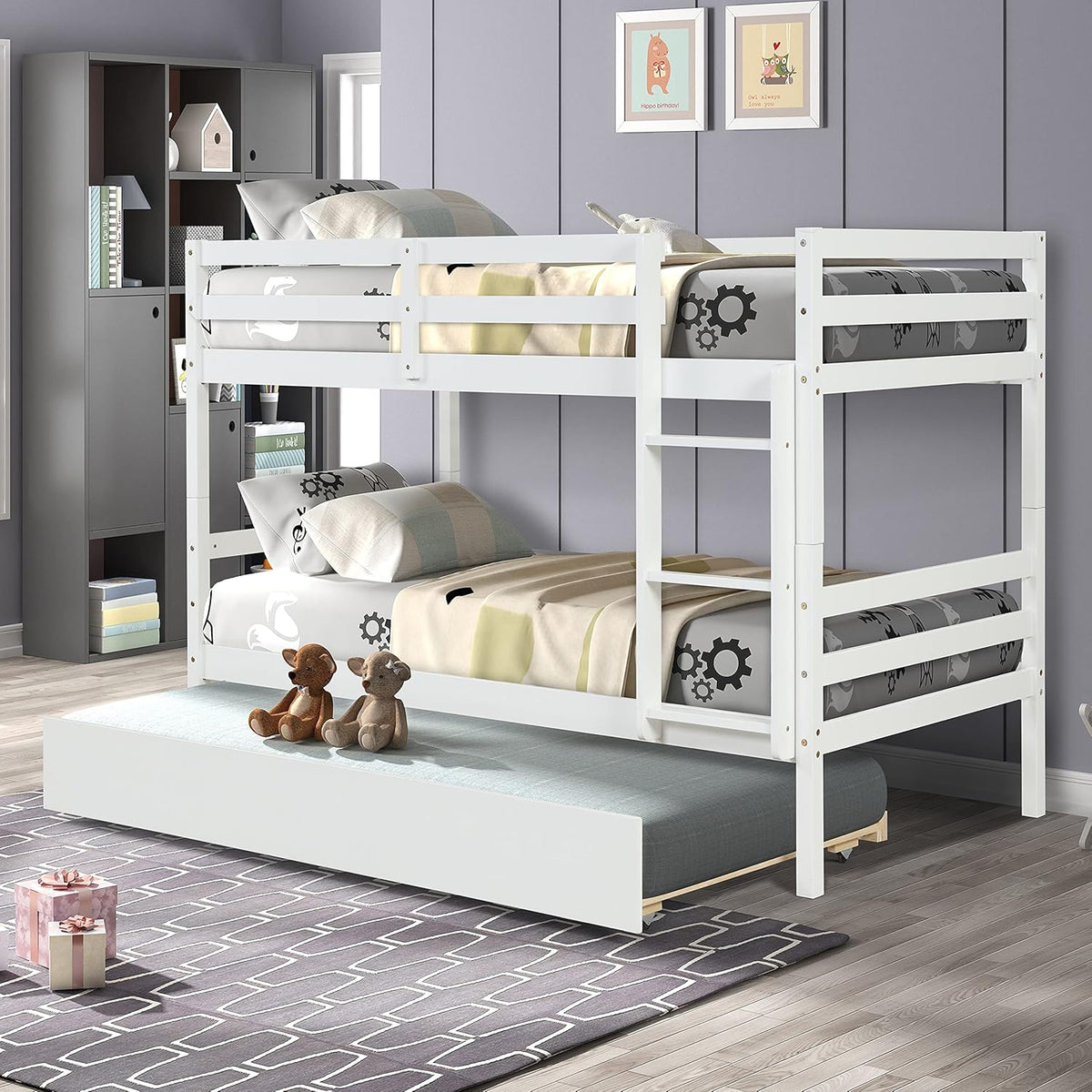 White Twin Over Twin Wood Bunk Bed with Two Storage Drawers and Ladder U5413