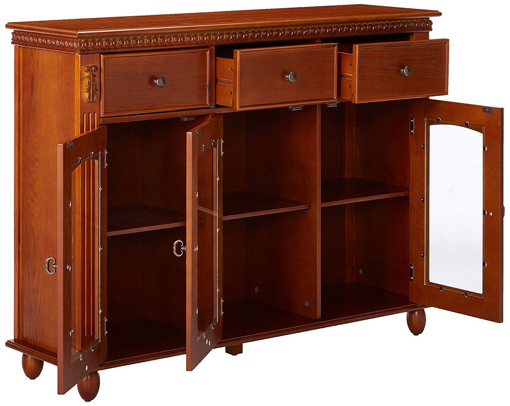 Walnut Wood Sideboard Buffet Console Table with Storage Drawers and Glass Cabinet Doors J1777