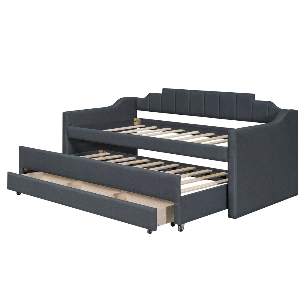 Twin Size Upholstered Daybed with Trundle and Drawers, Dark Gray G5128