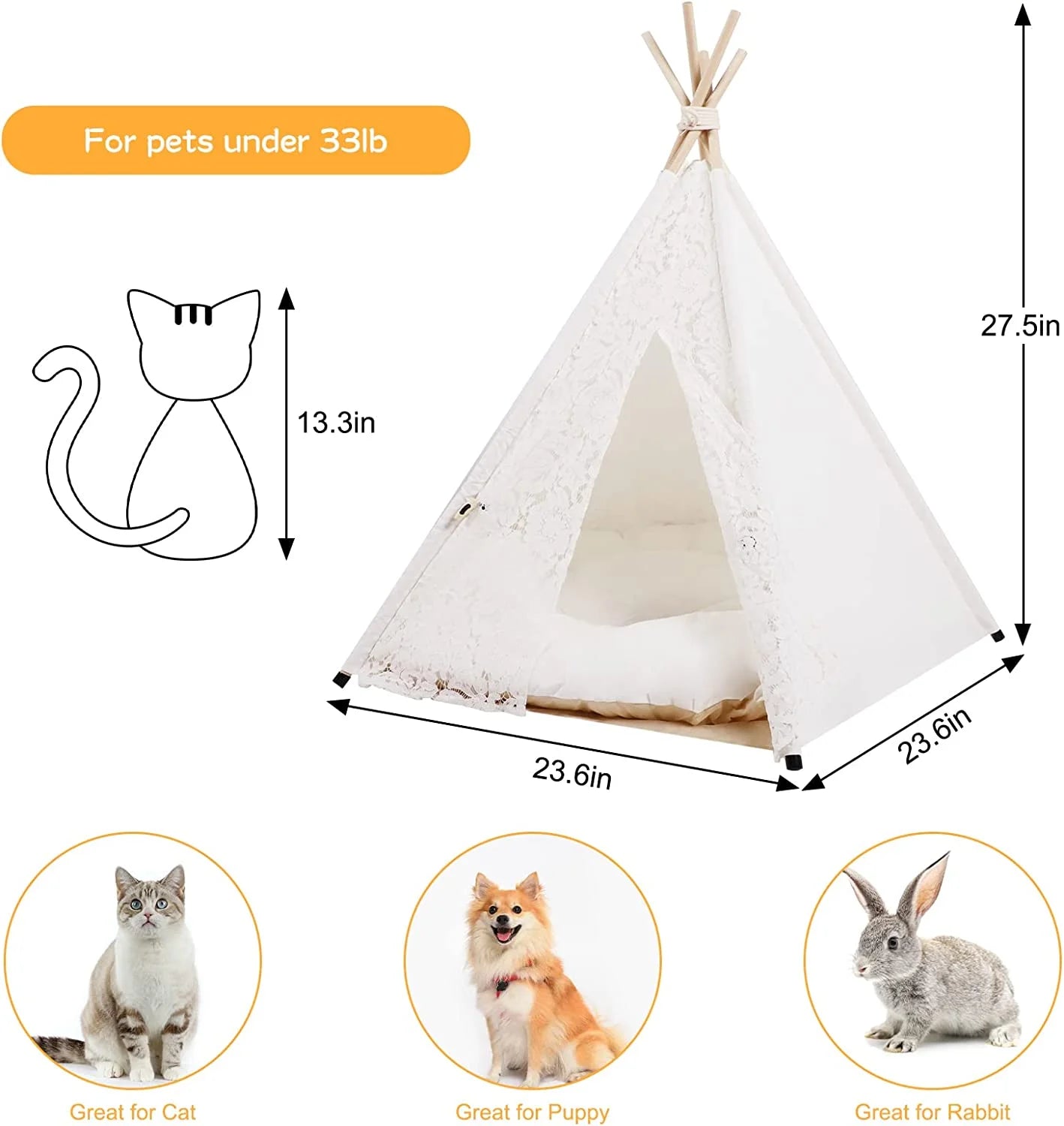Pet Teepee Tent with Luxury Cushion, L, Washable T162