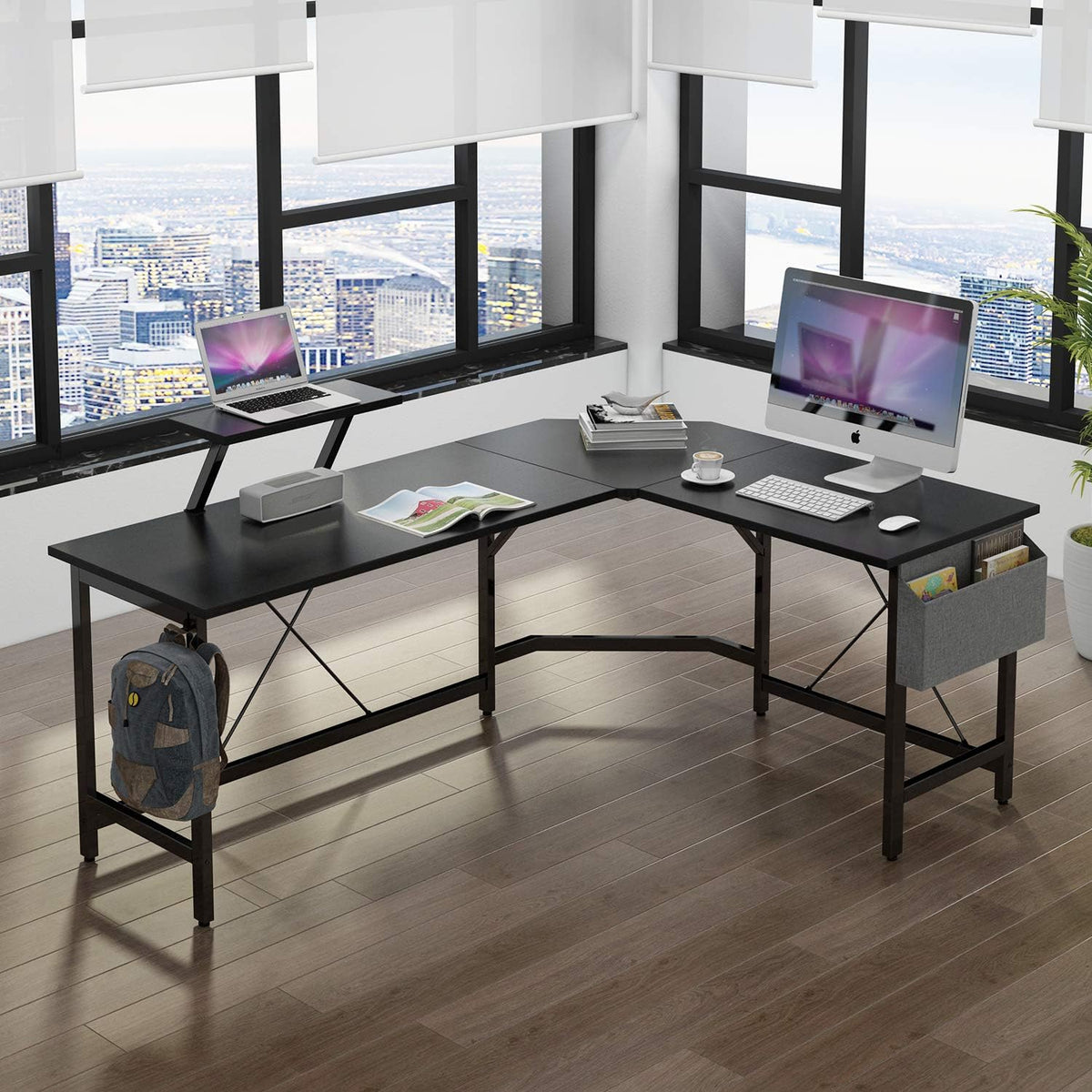 Black L Shaped Corner Desk with Monitor Stand and Storage Bag R550