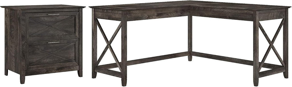 L Shaped Desk with 2 Drawer Lateral File Cabinet, 60W, Linen White Oak C28194