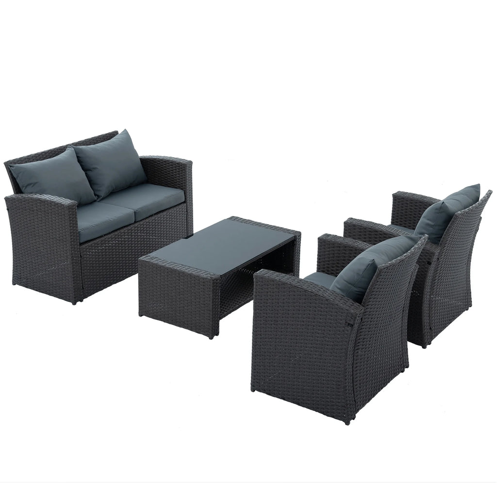 4-Piece PE Wicker Rattan Patio Sofa Set with Anti-Slip Cushions and Tempered Glass Coffee Table, Dark Gray W72290