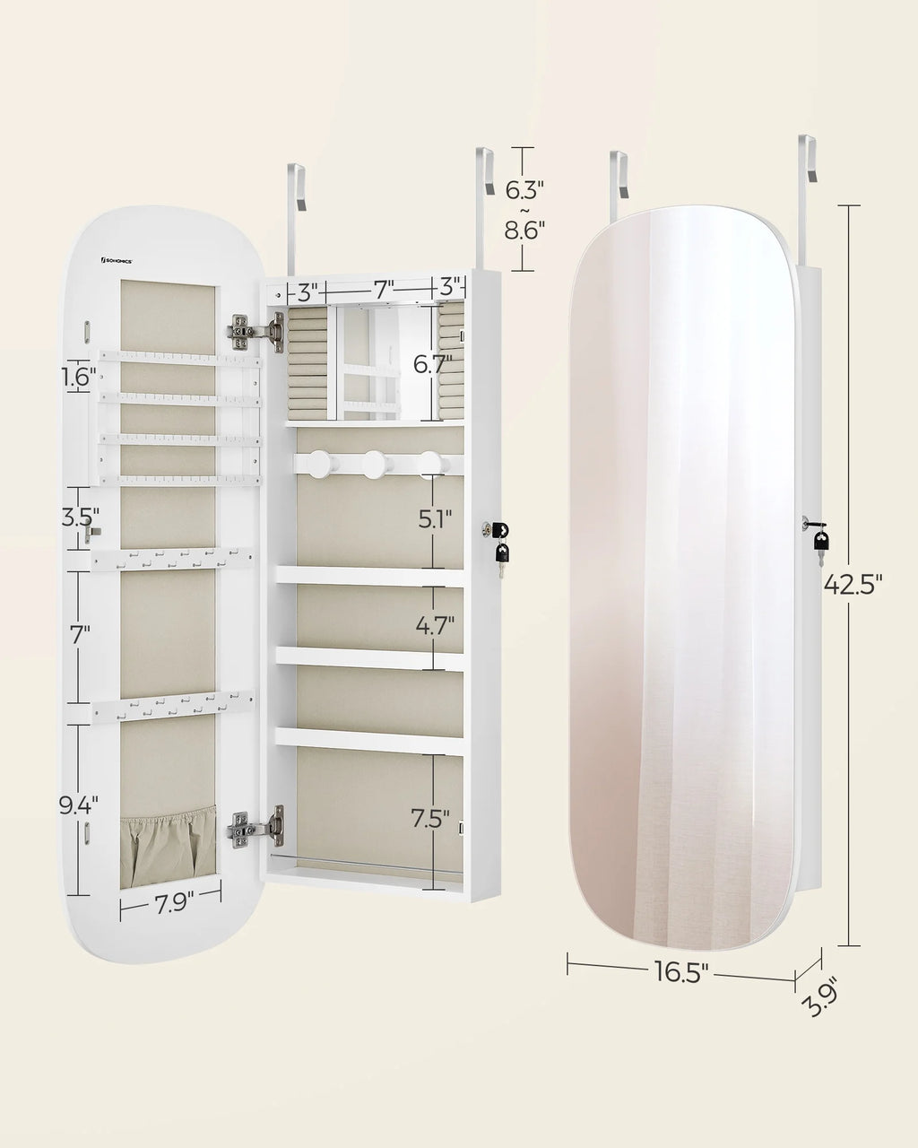 White Lockable Wall Mounted Jewelry Cabinet with Mirror Y47050