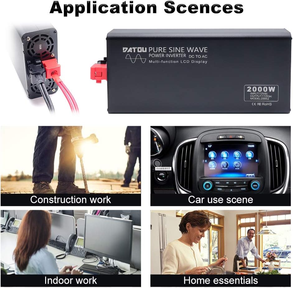 2000W Pure Sine Wave Inverter 12V DC to 110V AC Dual AC Outlets LED Display Car Converter W753