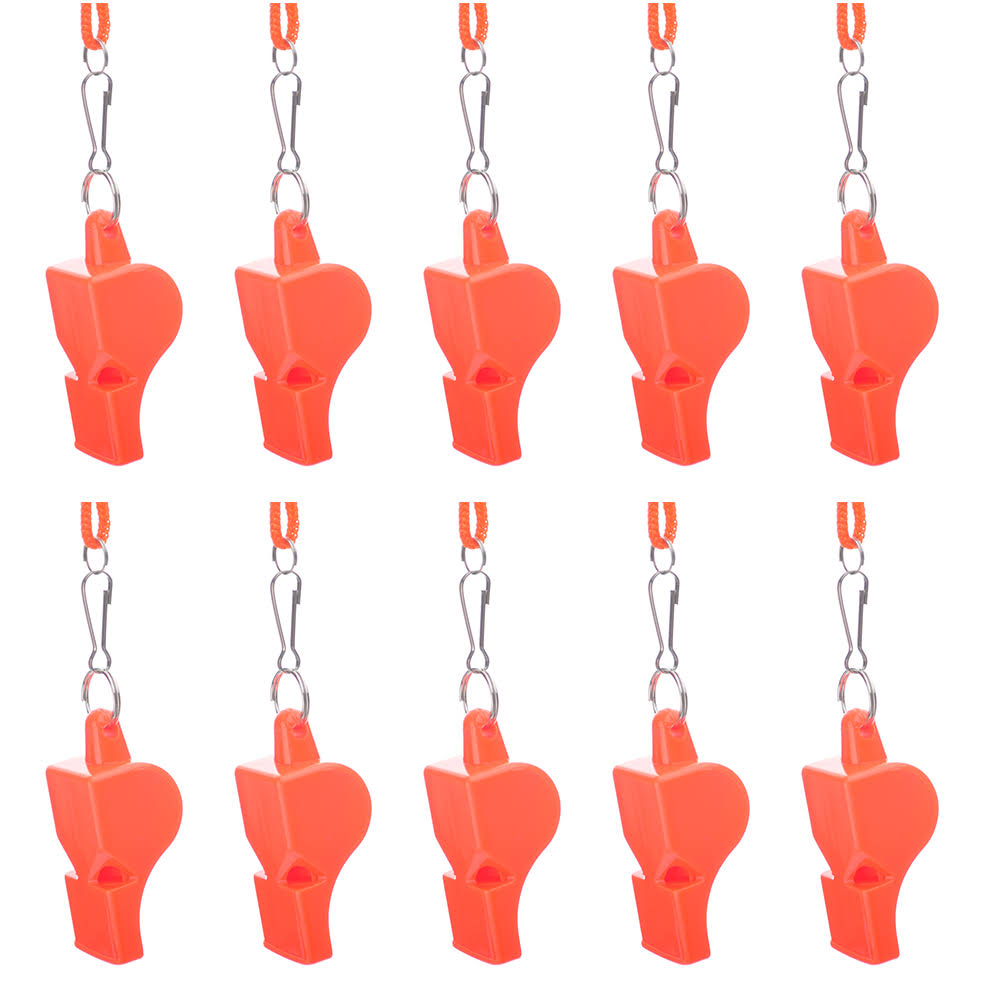 100 Pcs Orange Plastic Pea-Less Safety Whistles with Lanyard C79183