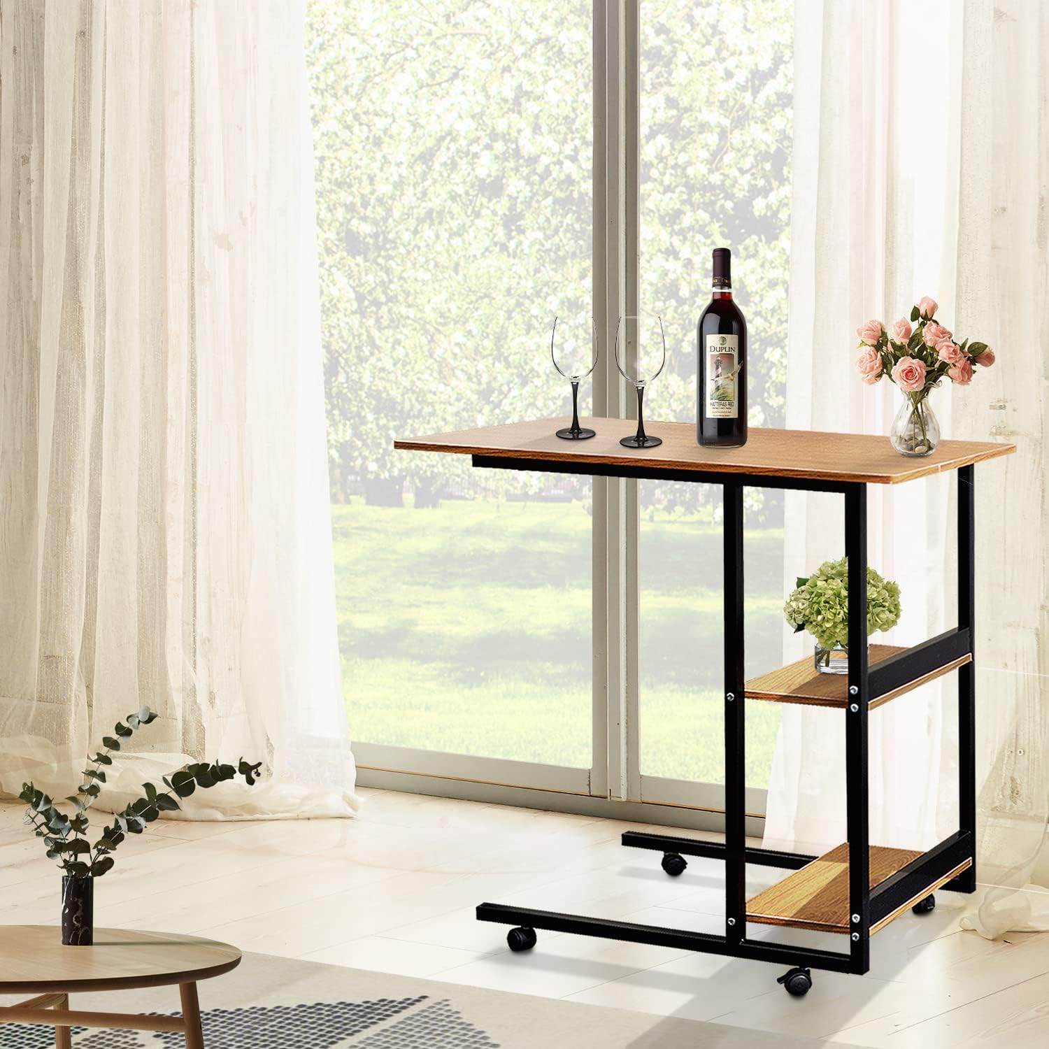 Movable Wooden Night Stand Desk with 4 Wheels Cart Tray O860