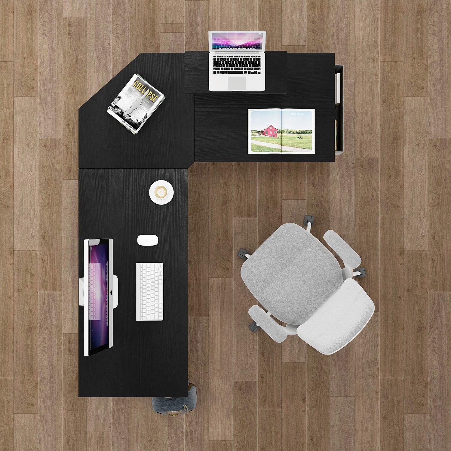 Black L Shaped Corner Desk with Monitor Stand and Storage Bag R550